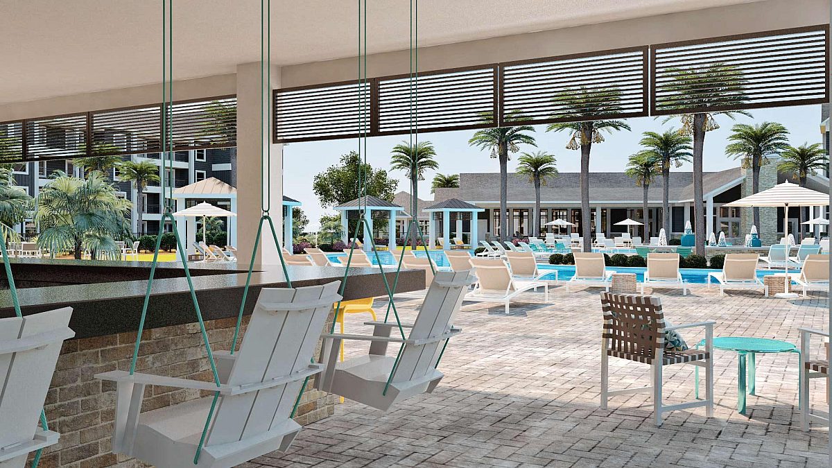 Panama Flats' poolside bar with lounge chairs.