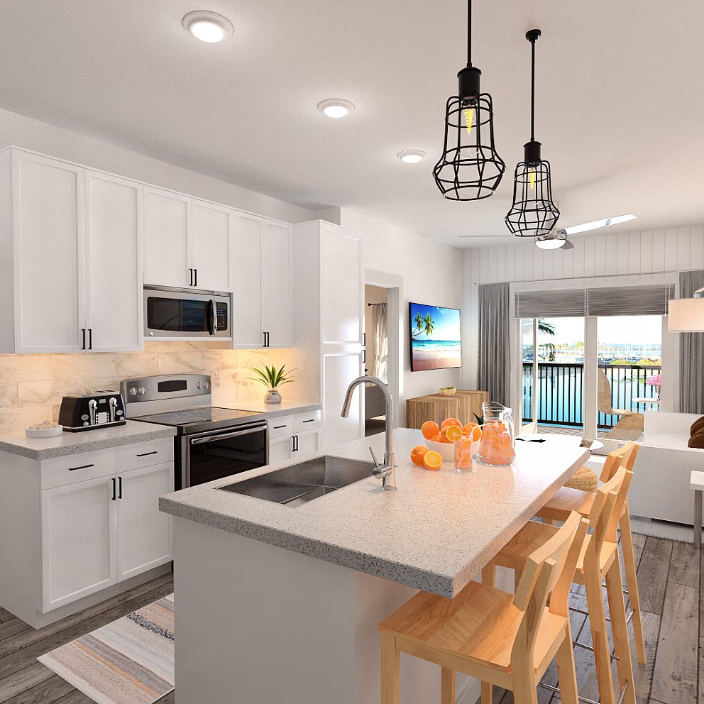 Panama Flats apartment space with modern kitchen, washing/dining island, living room, and deck access.